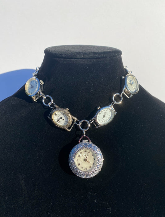 5 Face Silver Watch Necklace